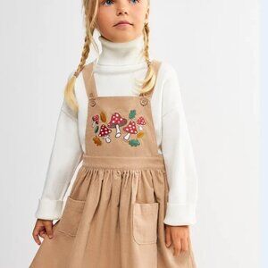 Tan Kids Corduroy Overall Dress with Mushroom Embroidery Size 7